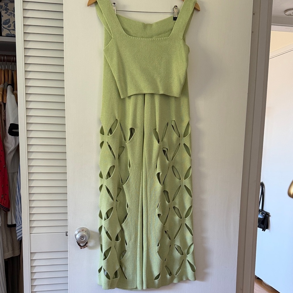 YLLW Lime Green Knit Cutout crop top & pants matching set